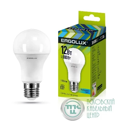 Лампа светодиодная LED-A60-12W-E27-4500K грушевидная ЛОН 172-265В Ergolux 12151