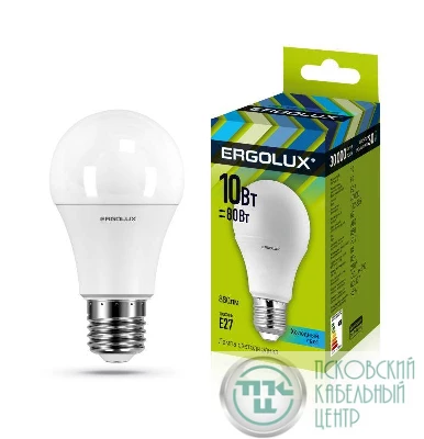 Лампа светодиодная LED-A60-10W-E27-4500K грушевидная ЛОН 172-265В Ergolux 12149