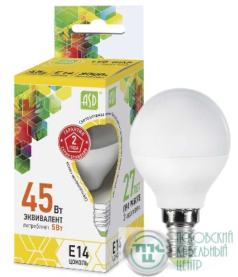 Лампа светодиодная LED-шар-standard 5Вт шар 3000К тепл. бел. E14 450лм 160-260В ASD 4690612002125