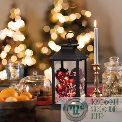 Фонарь декоративный 14х14х27см с шариками тепл. бел. корпус черн. Neon-Night 513-063
