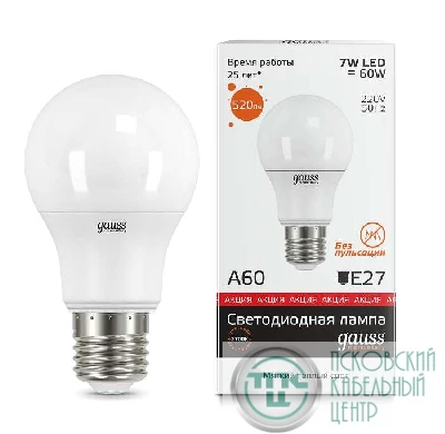 Лампа светодиодная Elementary A60 7Вт грушевидная 2700К тепл. бел. E27 520лм 180-240В Gauss 23217A