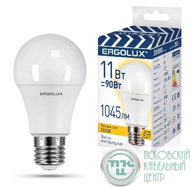 Лампа светодиодная LED-A60-11W-E27-3K "ПРОМО" ЛОН 11Вт Е27 3000К 220-240В Ergolux 14458