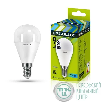 Лампа светодиодная LED-G45-9W-E14-4К Шар 9Вт E14 4000К 172-265В Ergolux 13174