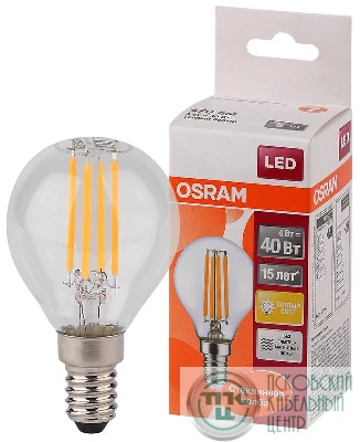 Лампа светодиодная филаментная LED STAR CLASSIC P 40 4W/827 4Вт шар 2700К тепл. бел. E14 470лм 220-240В прозр. стекл. OSRAM 4058075068377