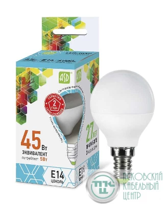 Лампа светодиодная LED-ШАР-standard 5Вт ШАР 4000К бел. E14 450лм 160-260В ASD 4690612002149