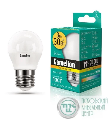 Лампа светодиодная LED3-G45/830/E27 3Вт шар 3000К тепл. бел. E27 245лм 220-240В Camelion 11374