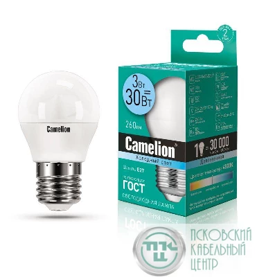 Лампа светодиодная LED3-G45/845/E27 3Вт шар 4500К бел. E27 260лм 220-240В Camelion 11376