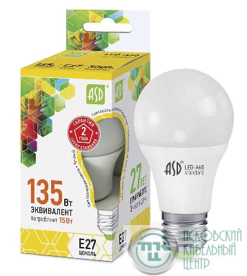 Лампа светодиодная LED-A60-standard 15Вт грушевидная 3000К тепл. бел. E27 1350лм 160-260В ASD 4690612002088