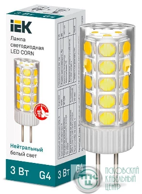 Лампа светодиодная Corn 3Вт капсульная 4000К нейтр. бел. G4 12В керамика IEK LLE-Corn-3-012-40-G4