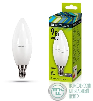 Лампа светодиодная LED-C35-9W-E14-6К Свеча 9Вт E14 6500К 172-265В Ergolux 13169