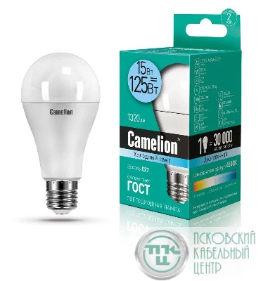 Лампа светодиодная LED15-A60/845/E27 15Вт грушевидная 4500К E27 1320лм 220В бел. Camelion 12186