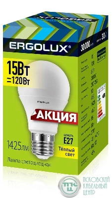 Лампа светодиодная LED-A60-15W-E27-3K 15Вт грушевидная 3000К тепл. бел. E27 220-240В ЛОН ПРОМО Ergolux 14308