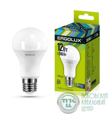 Лампа светодиодная LED-A60-12W-E27-6500K грушевидная ЛОН 172-265В Ergolux 12880