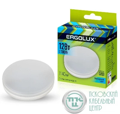 Лампа светодиодная LED-GX53-12W-GX53-4K 12Вт GX53 4500К 180-240В Ergolux 14237