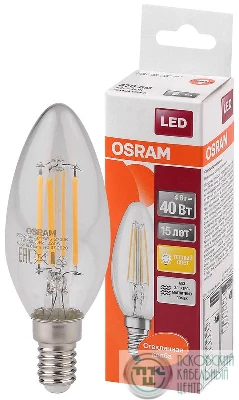 Лампа светодиодная филаментная LED STAR CLASSIC B 40 4W/827 4Вт свеча 2700К тепл. бел. E14 470лм 220-240В прозр. стекл. OSRAM 4058075068353