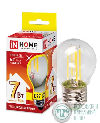 Лампа светодиодная LED-ШАР-deco 7Вт 230В E27 3000К 630Лм прозрач. IN HOME 4690612016320