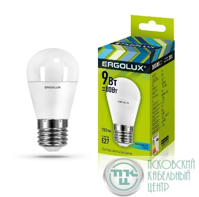 Лампа светодиодная LED-G45-9W-E27-4К Шар 9Вт E27 4500К 172-265В Ergolux 13177