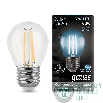 Лампа светодиодная филаментная Black Filament 7Вт P45 шар 4100К нейтр. бел. E27 580лм GAUSS 105802207