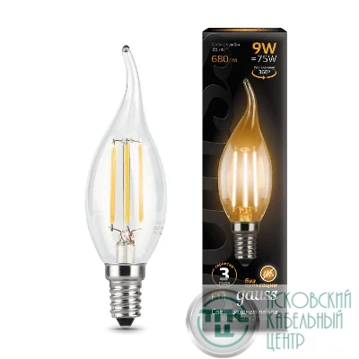Лампа светодиодная филаментная Black Filament 9Вт свеча на ветру 2700К тепл. бел. E14 680лм GAUSS 104801109
