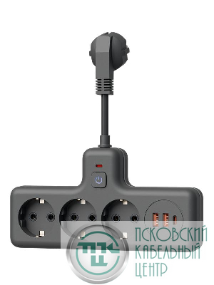 Удлинитель с сетевым фильтром 3х0.3м 10А 2USB + 1USBC 2500Вт ПВС 3х1 компакт черн. КОСМОС FRKsm0.3m-3g(B)USB