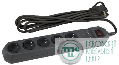 Удлинитель с сетевым фильтром 5х1.5м с заземл. 10А IP20 2хUSB ПВС 3х0.75 с выкл. черн. Эра Б0019036