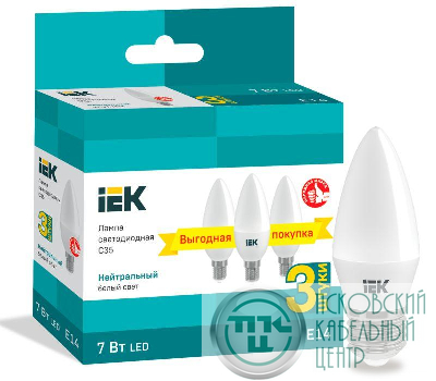 Лампа светодиодная 7Вт C35 свеча 4000К нейтр. бел. E14 230В (уп.3шт) IEK LLE-C35-07-230-40-E14-3
