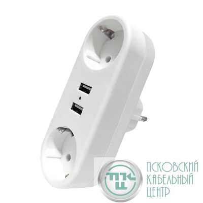 Разветвитель 2-м плоский с заземл.16А 2USB А+А 2.4А 3500Вт бел. DOMTOK 2732