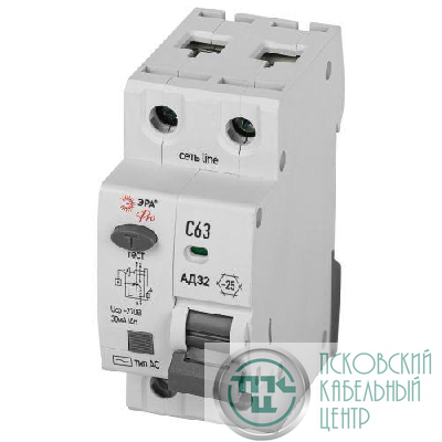 Выключатель автоматический дифференциального тока 1P+N C 63А 30мА тип AC защита 230В АВДТ 4.5кА PRO D32E2C63AC30P АД32 электронное Эра Б0057366