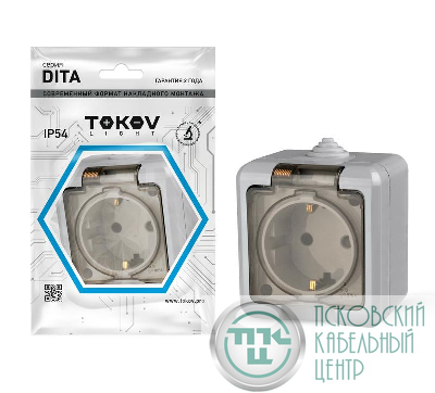 Розетка 1-м ОП Dita 16А IP54 250В с заземл. с прозр. крышкой сер. TOKOV ELECTRIC TKL-DT-R1Z-C06T-IP54