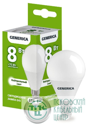 Лампа светодиодная G45 8Вт шар 4000К E14 230В GENERICA LL-G45-08-230-40-E14-G