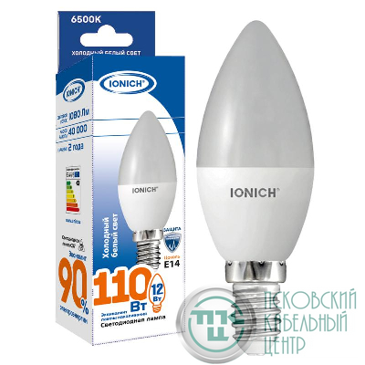 Лампа светодиодная C37 12Вт свеча 6500К E14 230В IONICH 1635