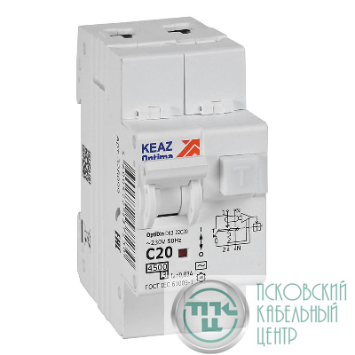 Выключатель автоматический дифференциального тока 2п OptiDin D63-22C20-AC-У3 C20 30мА 4.5кА с защитой от сверхтоков КЭАЗ 328099