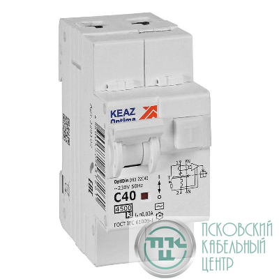 Выключатель автоматический дифференциального тока 2п с защитой от сверхтоков OptiDin D63-22C40-AC-У3 C40 30мА 4.5кА КЭАЗ 328102