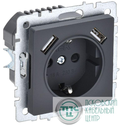 Розетка BRITE РЮш10-1-БрГ 16А с USB A+A 2.1А с заземл. защ. шторки механизм графит IEK BR-R14-16-U21-D21-K53
