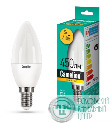 Лампа светодиодная LEDRB/5-C35/830/E14 5Вт свеча 3000К тепл. бел. E14 170-265В LED-M C37 Camelion 15049