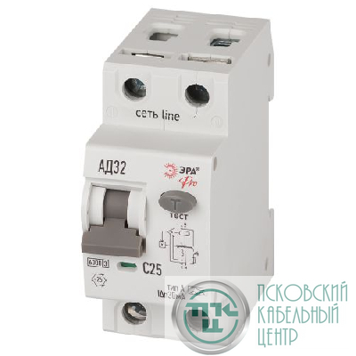 Выключатель автоматический дифференциального тока 2п (1P+N) C 25А 30мА тип A 6кА АД-32 электрон. PRO D326E2C25A30 Эра Б0059198