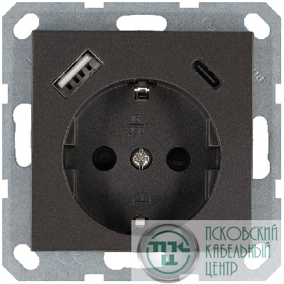 Розетка Shuko 16А с заземл. защ. шторки с 2-мя заряд. устройствами USB тип A+C 25Вт механизм мокко Jasmart G5501USB-25Z