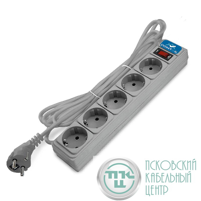 Удлинитель с сетевым фильтром 5х5м с заземл 10А IP20 2.2кВт ПВС 3х1 с выкл. сер. DOMTOK 2534