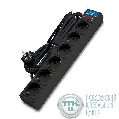 Удлинитель с сетевым фильтром 6х5м с заземл 10А IP20 2.2кВт ПВС 3х1 с выкл. черн. DOMTOK 2523