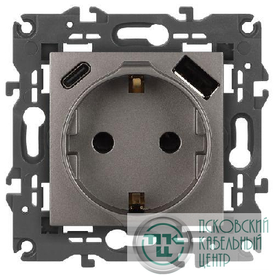 Розетка Elegance 14-4108-16 16A 250В 2P+E защ. шторки с USB type-A+C 3А 5В титан Эра Б0067695