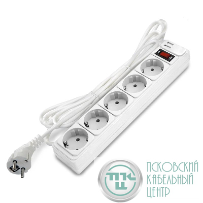 Удлинитель с сетевым фильтром 5х3м с заземл 10А 2.2кВт IP20 2хUSB ПВС 3х1 с выкл. бел. DOMTOK 2565