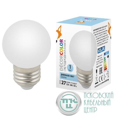 Лампа светодиодная LED-G45-1W/6000K/E27/FR/С 1Вт шар матовая 6000К холод. бел. E27 декоративная (упак. картон) Volpe UL-00005806
