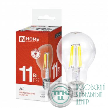 Лампа светодиодная LED-A60-deco 11Вт грушевидная прозрачная 4000К нейтр. бел. E27 1160лм 230В IN HOME 4690612026145