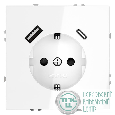 Розетка 1-м СП S70 16А с USB тип A+С механизм с заземл. защ. шторки бел. глянцевый Voltum VLS040501