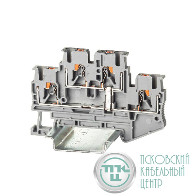 Клемма двухуровневая зажим push-in 4 точки подключения уровни соединены перемычкой 2.5кв.мм сер. DKC VPRTT-2.5-PV-GY