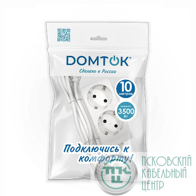 Удлинитель 2х10м с заземл. 16А IP20 3.5кВт ПВС 3х1 бел. DOMTOK 2385