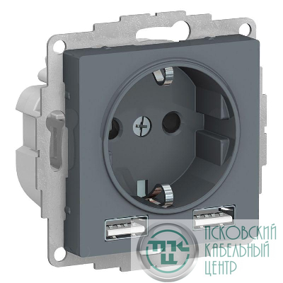 Розетка 1-м СП AtlasDesign 16А IP20 с 2-мя заряд. устройствами USB тип A+A 5В/2.4А 2х5В/1.2А механизм грифель SE ATN000730