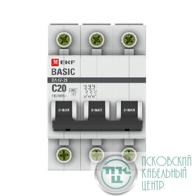 Выключатель автоматический модульный 3п C 20А 4.5кА ВА 47-29 Basic EKF mcb4729-3-20C