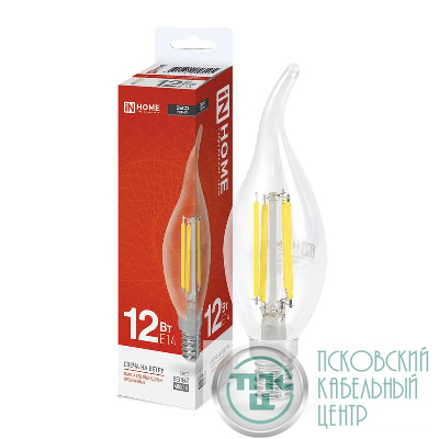 Лампа светодиодная филаментная LED-СВЕЧА НА ВЕТРУ-deco свеча на ветру прозрачная 12Вт 230В E14 4000К 1350лм IN HOME 4690612056005