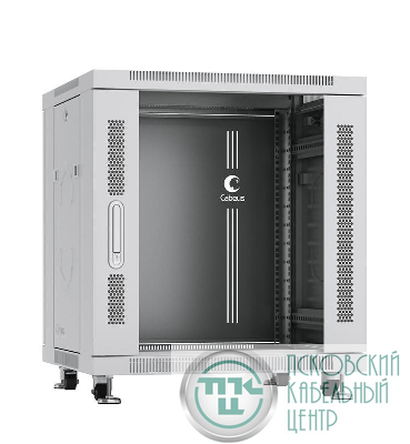 Шкаф монтажный телекоммуникационный напольный SH-05C-12U60/60 19дюйм для распред. и серверн. оборудования 12U 600х600х730мм передн. стеклян. и задн. сплошн. метал. двери ручка с замком сер. (RAL 7035) Cabeus 7645c